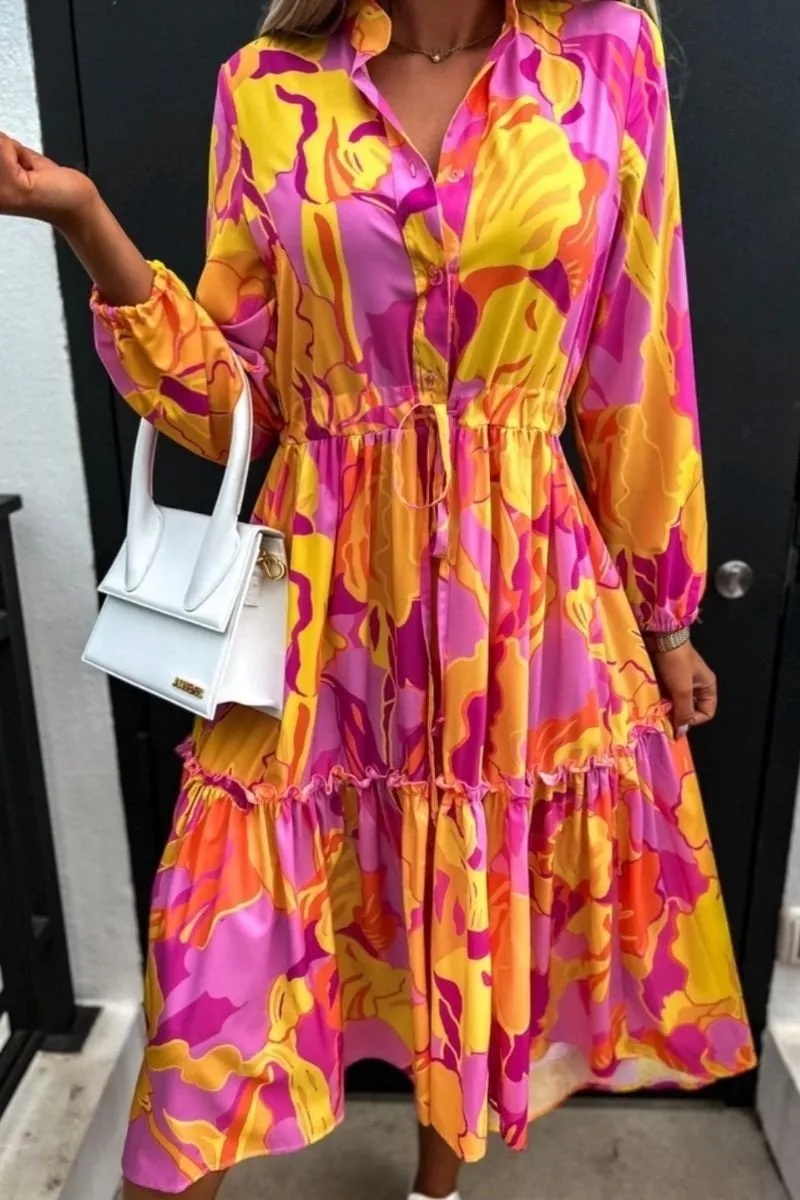 Orange Floral Balloon Sleeve Tiered Maxi Dress
