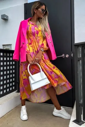 Orange Floral Balloon Sleeve Tiered Maxi Dress