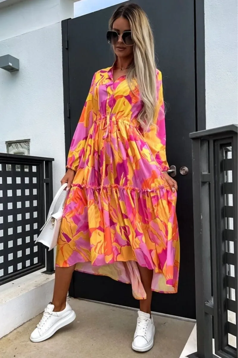 Orange Floral Balloon Sleeve Tiered Maxi Dress