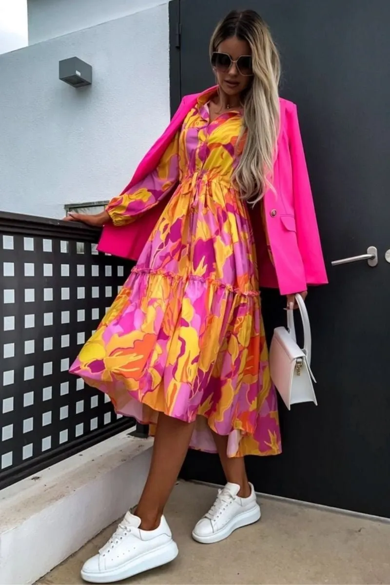 Orange Floral Balloon Sleeve Tiered Maxi Dress