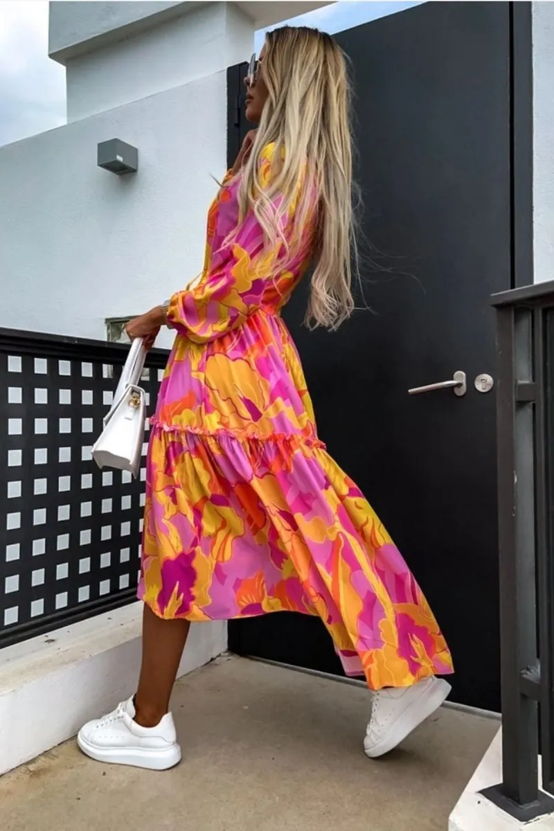 Orange Floral Balloon Sleeve Tiered Maxi Dress