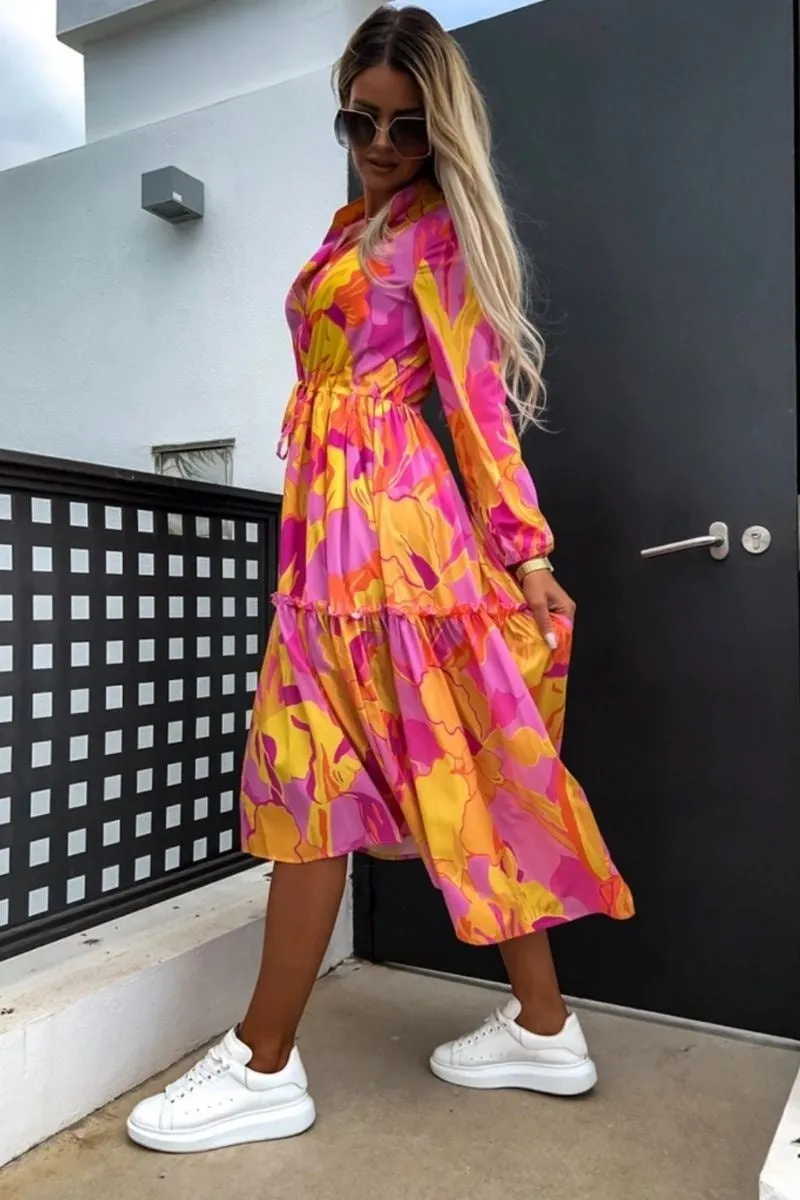 Orange Floral Balloon Sleeve Tiered Maxi Dress