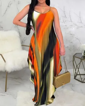 Orange Tie Dye Print Asymmetrical Cami Dress