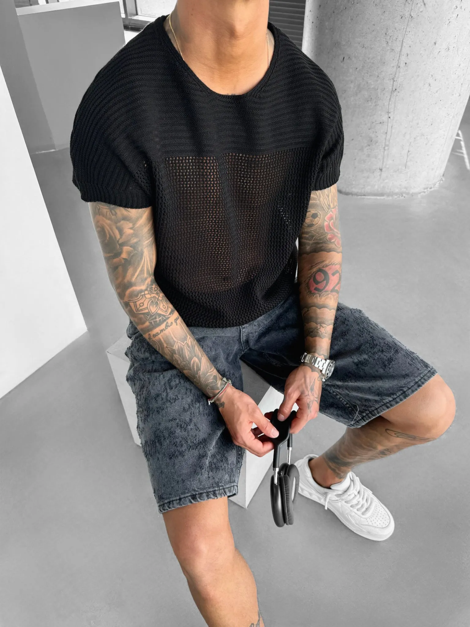 Oversize Textured Knit T-shirt - Black
