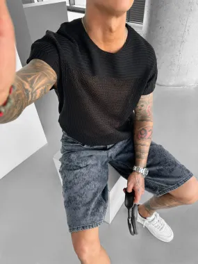 Oversize Textured Knit T-shirt - Black