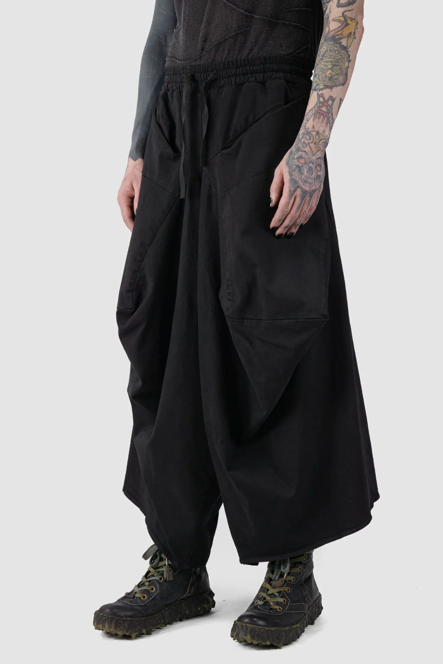 Oversized Draped Cropped Stretch Denim Trousers
