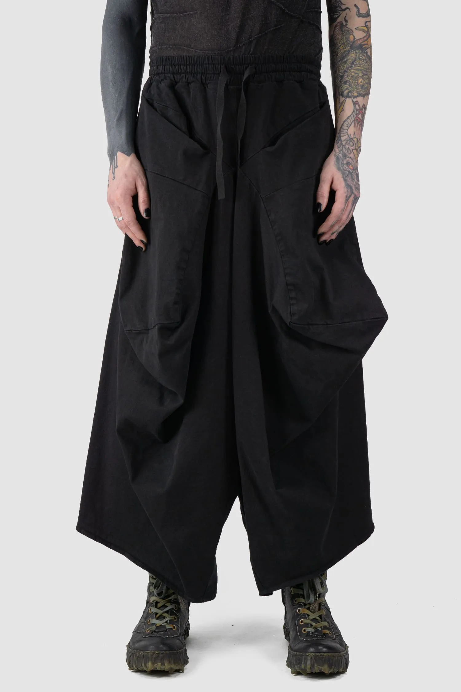 Oversized Draped Cropped Stretch Denim Trousers
