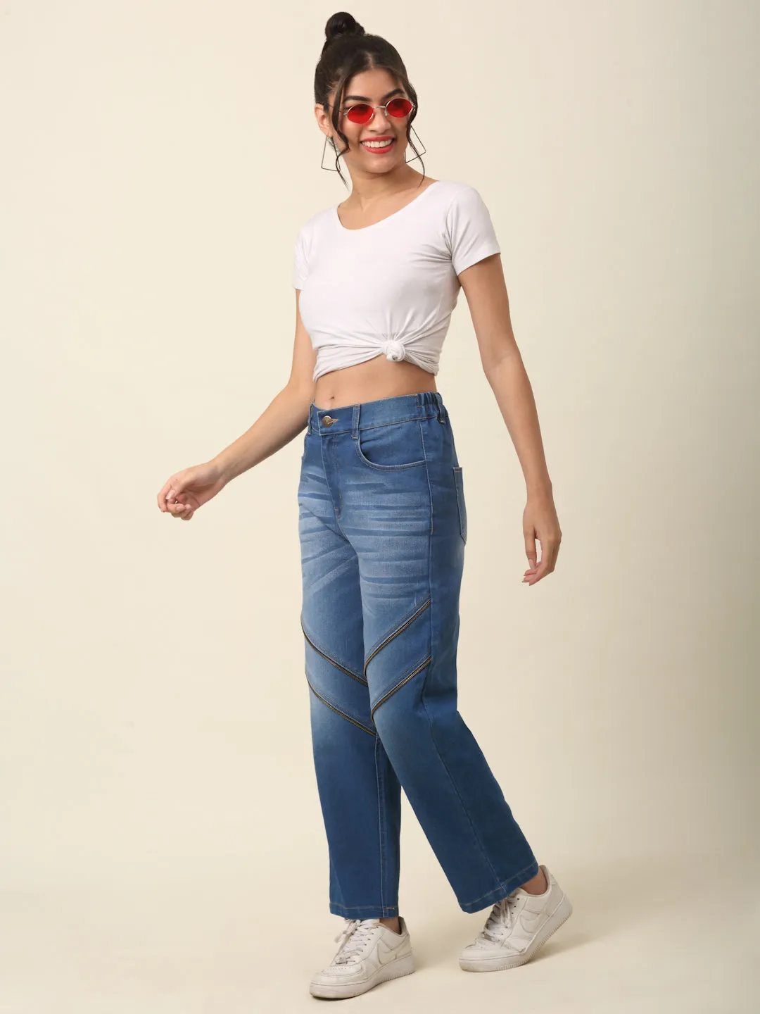 plusS Women Blue Heavy Fade Whiskers and chevrons Effect Stretchable Cotton Jeans