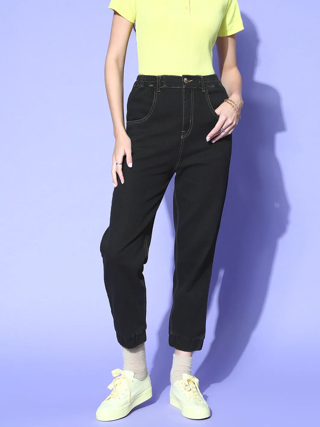 plusS Women Classy Black Regular Fit Cropped Jeans