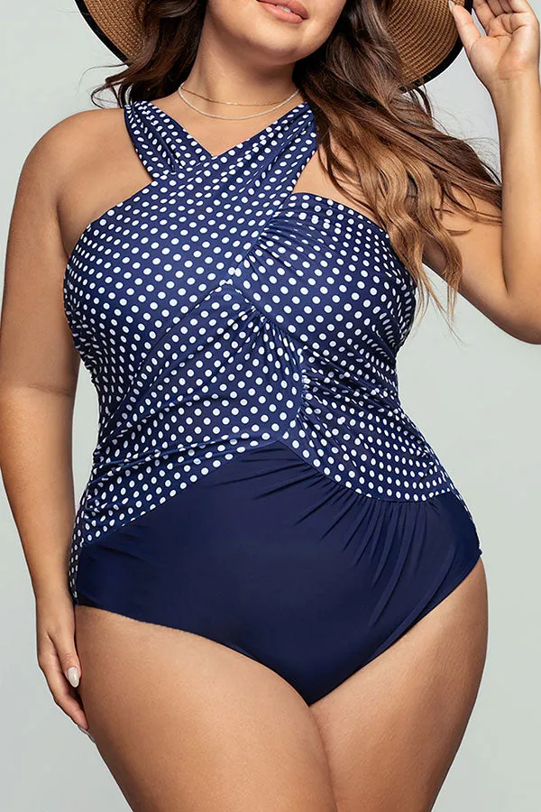 Polka Dot Sporty Draped One Piece Swimwear