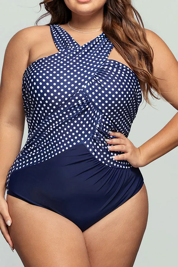 Polka Dot Sporty Draped One Piece Swimwear