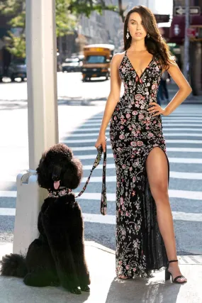 Primavera Couture 3073 Prom Dress Sequin Flowers Long Evening Gown V neckline slit
