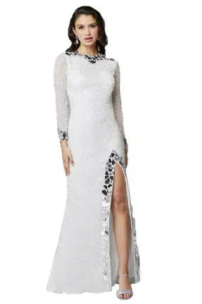 Primavera Couture 3614 sz 4 Ivory Long Sleeve Prom dress Fitted Formal Cut Glass Beaded Gown