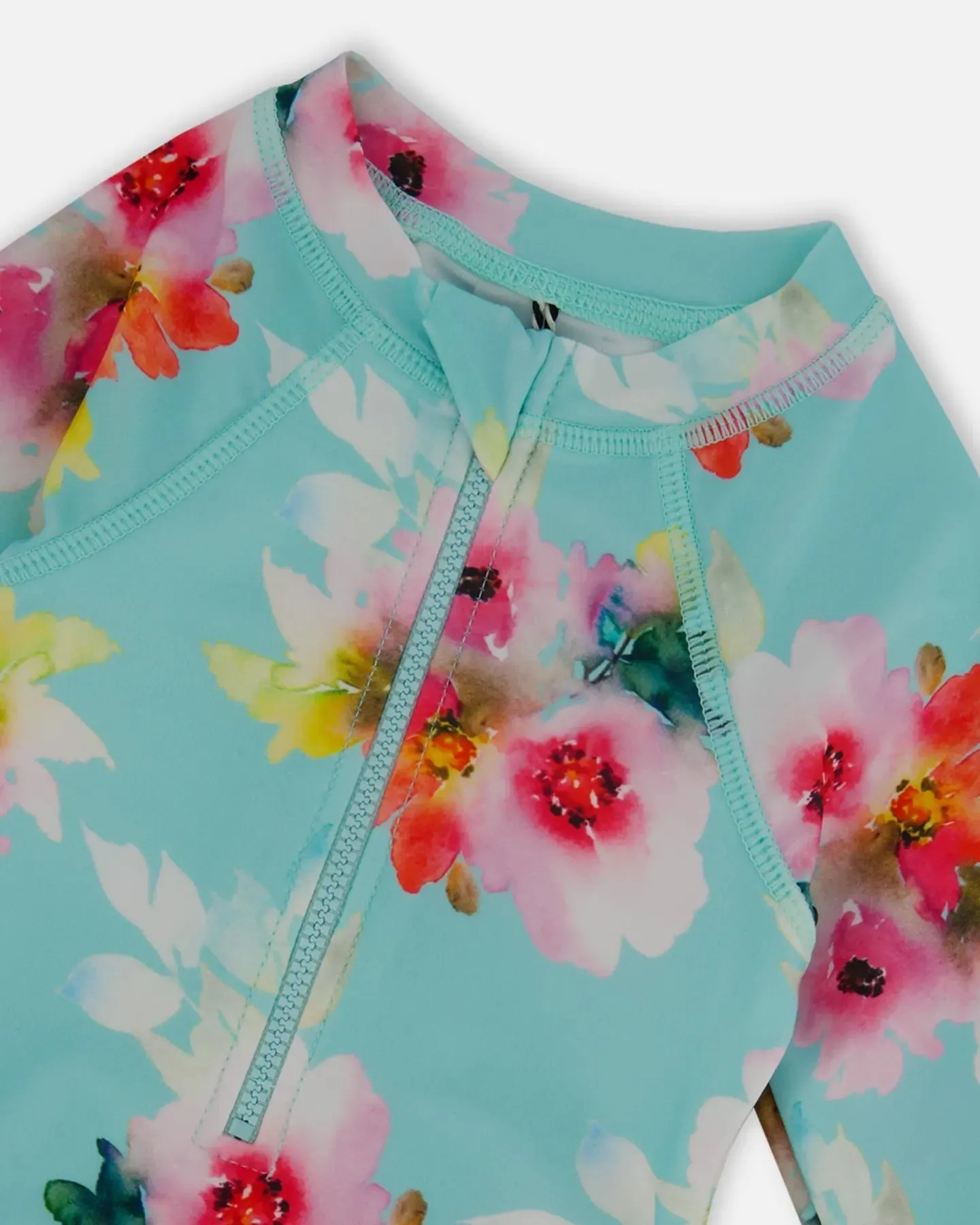 Printed One-Piece Rashguard With Frills Turquoise And Pink Flowers