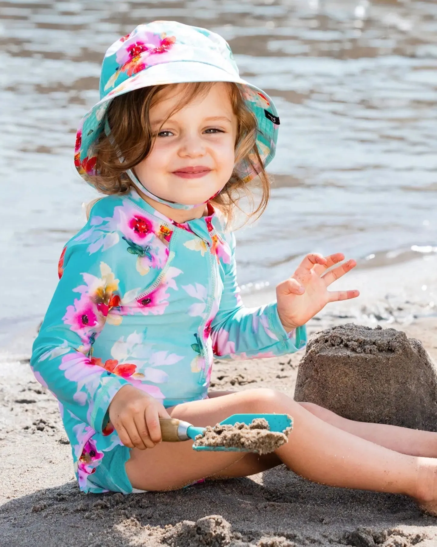 Printed One-Piece Rashguard With Frills Turquoise And Pink Flowers