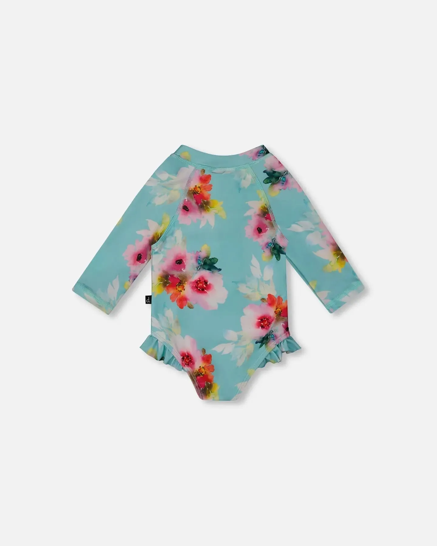 Printed One-Piece Rashguard With Frills Turquoise And Pink Flowers