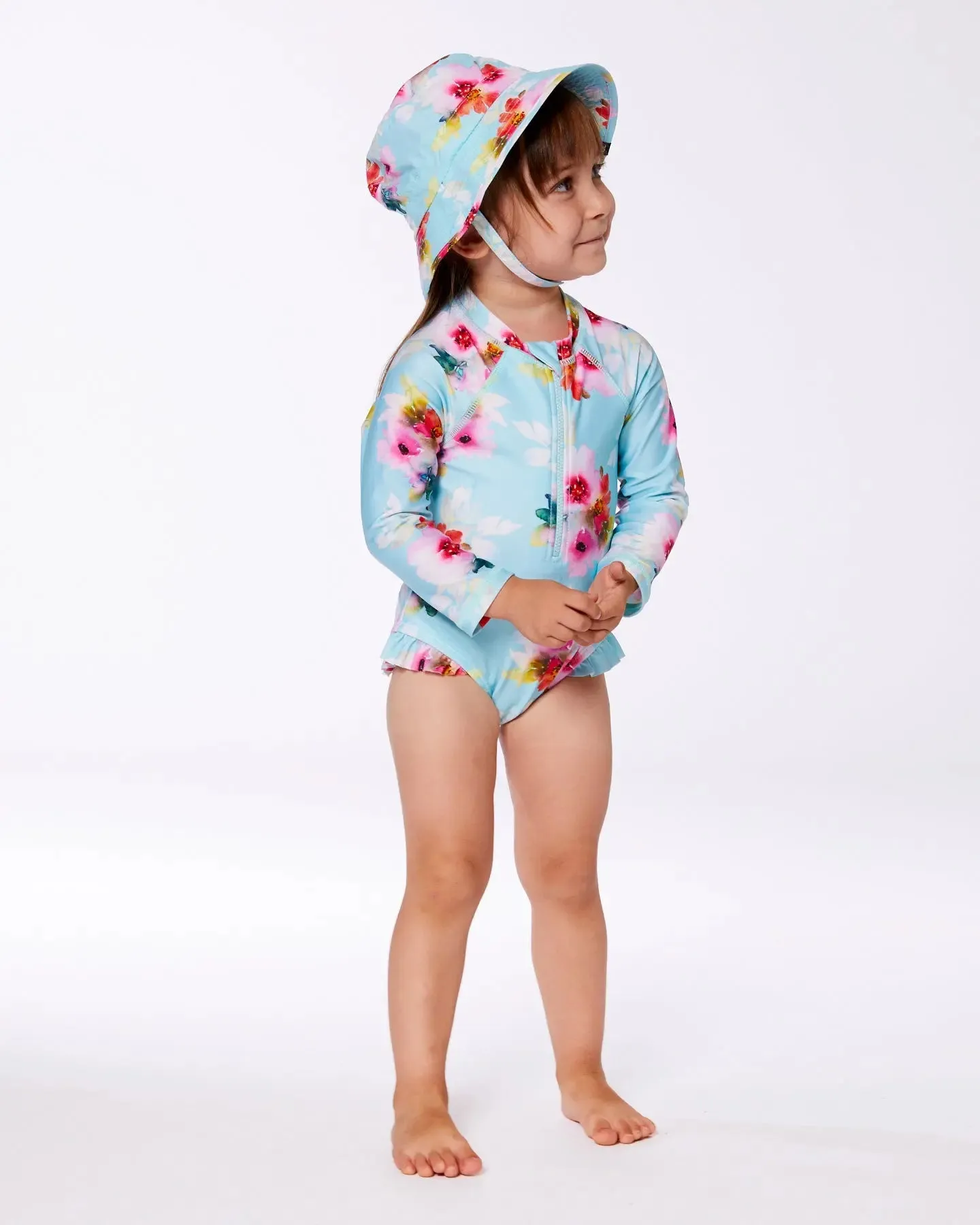 Printed One-Piece Rashguard With Frills Turquoise And Pink Flowers