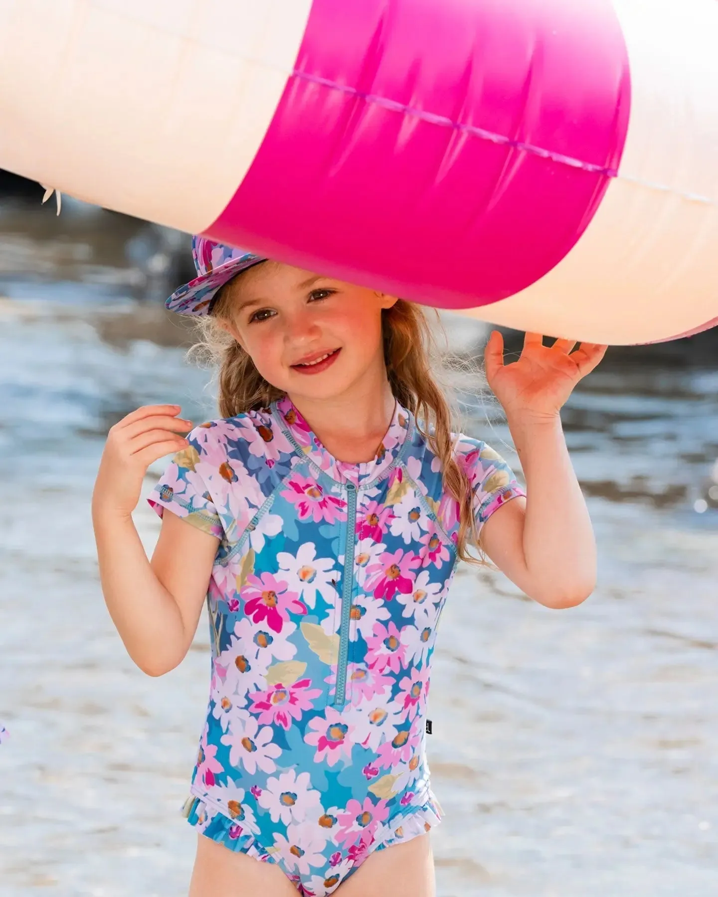 Printed Short Sleeve One-Piece Swimsuit With Frills White, Pink, And Green Flowers