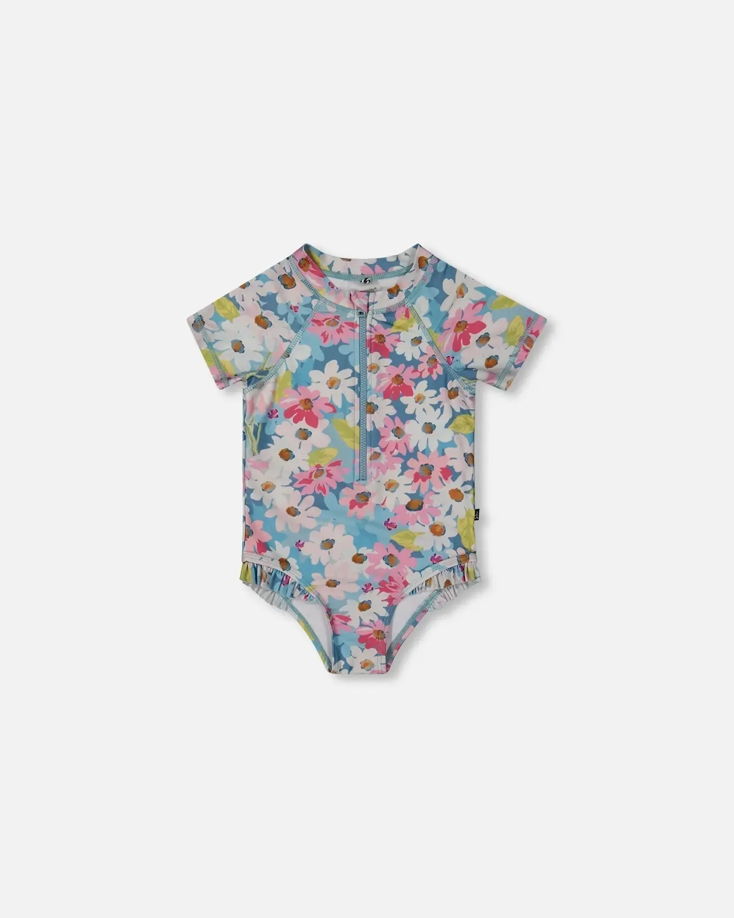 Printed Short Sleeve One-Piece Swimsuit With Frills White, Pink, And Green Flowers