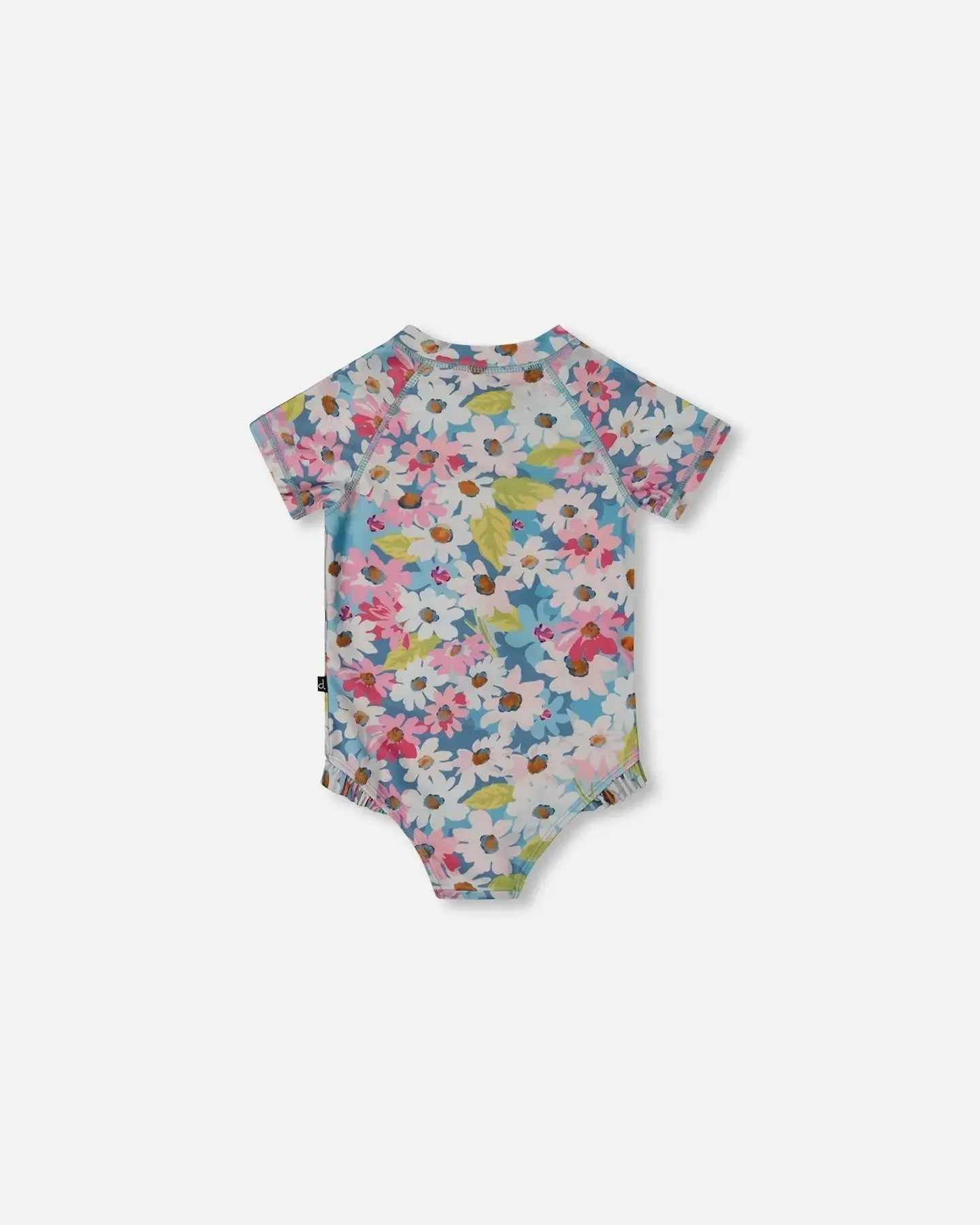 Printed Short Sleeve One-Piece Swimsuit With Frills White, Pink, And Green Flowers