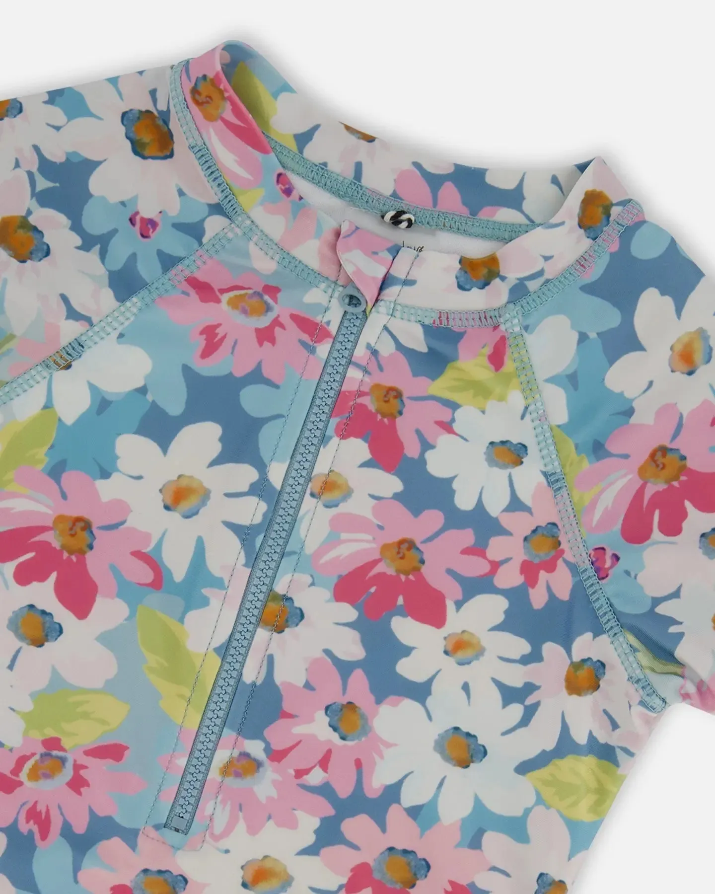Printed Short Sleeve One-Piece Swimsuit With Frills White, Pink, And Green Flowers