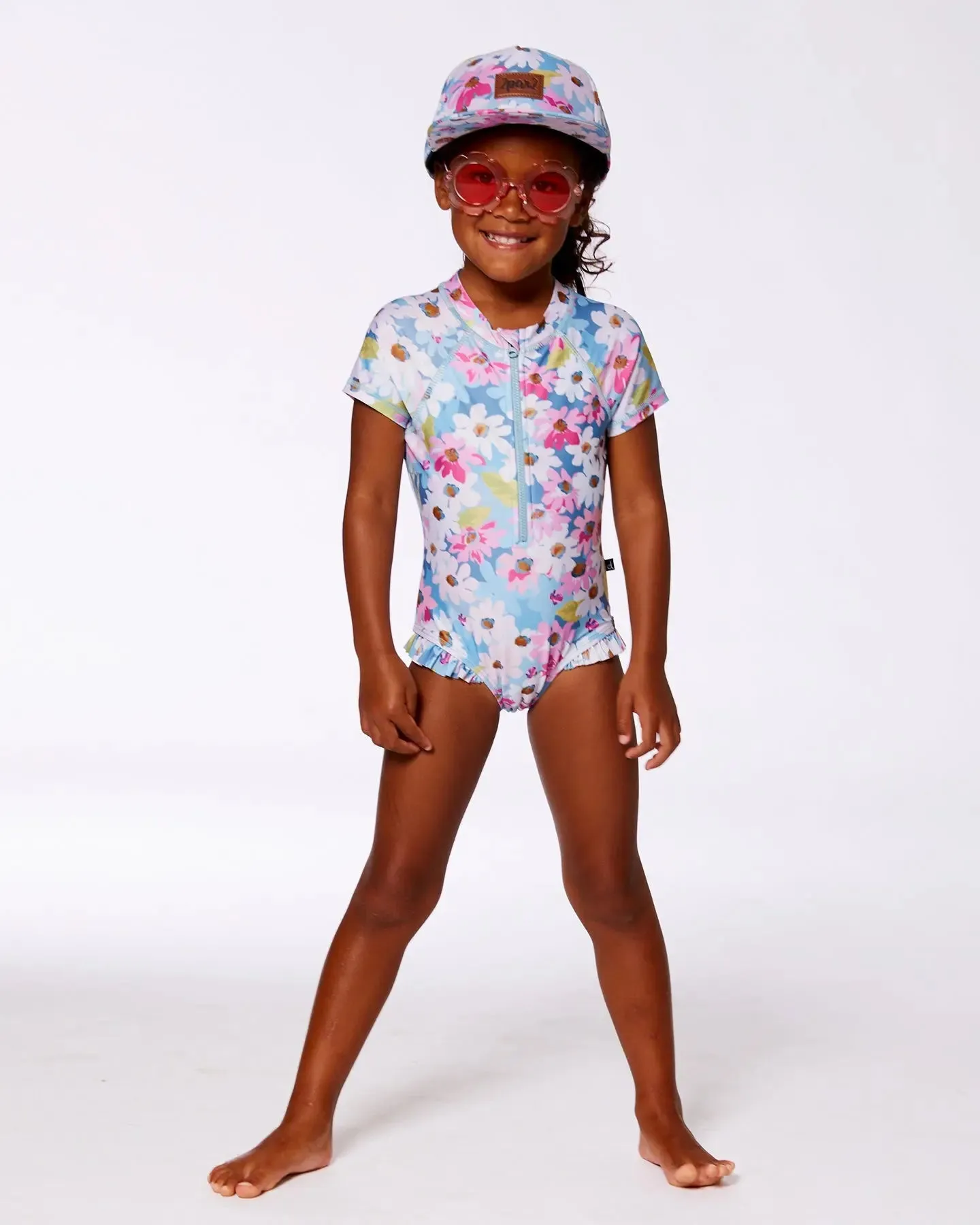 Printed Short Sleeve One-Piece Swimsuit With Frills White, Pink, And Green Flowers