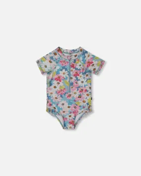 Printed Short Sleeve One-Piece Swimsuit With Frills White, Pink, And Green Flowers