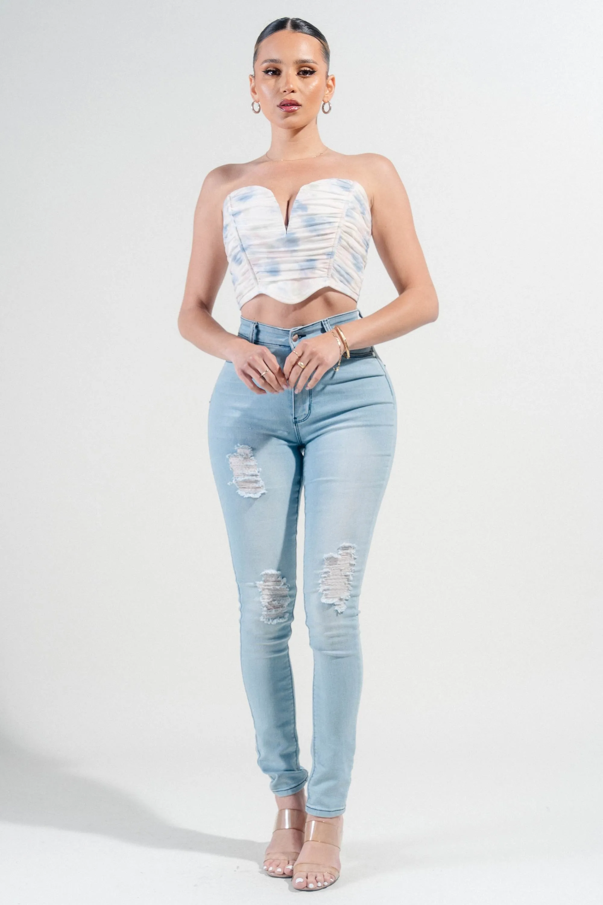 PTKS45341B-W / MESH PRINT V WIRE INSET RUCHING TUBE CROP TOP