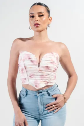 PTKS45341B-W / MESH PRINT V WIRE INSET RUCHING TUBE CROP TOP