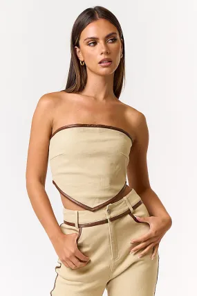 "Everybody Talks" Beige Faux Leather Strapless Scarf Top w/ Brown Outline Detail