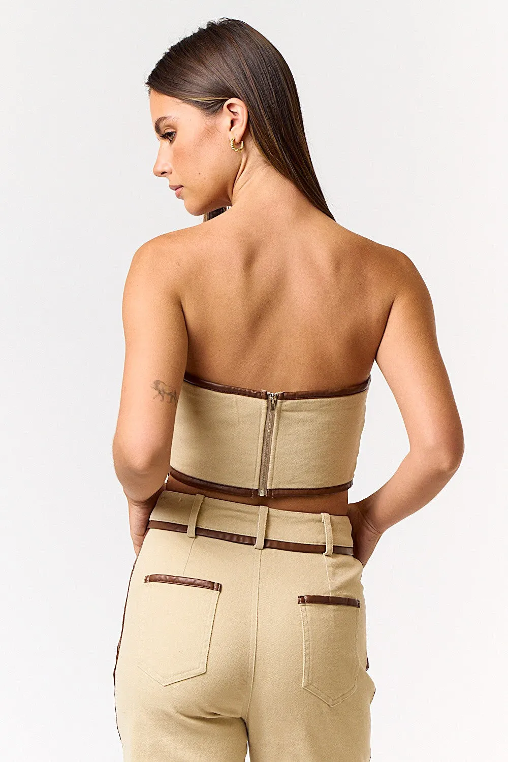 "Everybody Talks" Beige Faux Leather Strapless Scarf Top w/ Brown Outline Detail