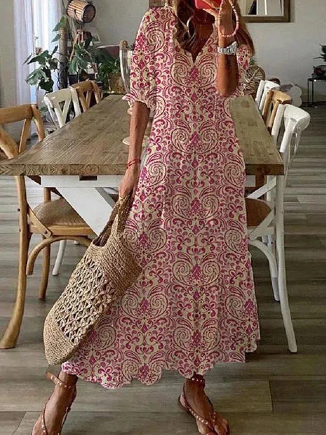 Red Boho V Neck Tribal Pink Floral Short Sleeve Woven Dress