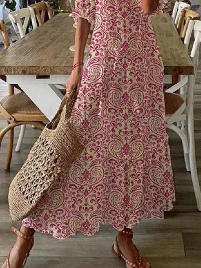 Red Boho V Neck Tribal Pink Floral Short Sleeve Woven Dress
