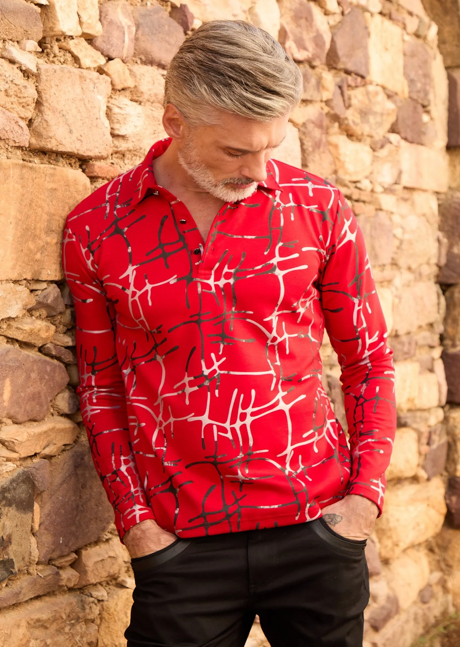 Red Silver Veins Tech Polo