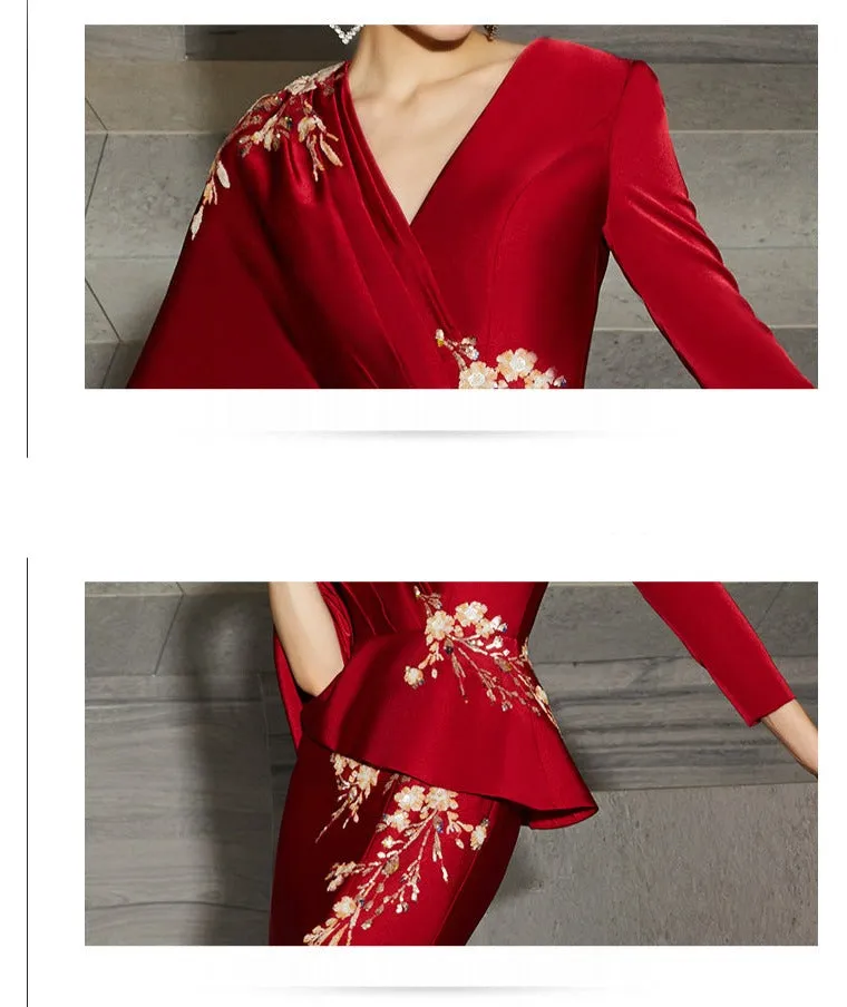 Red  wedding dress high-end evening dress new banquet dress mother skirt fashion high end luxury unique dress- Bila