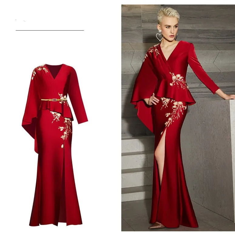 Red  wedding dress high-end evening dress new banquet dress mother skirt fashion high end luxury unique dress- Bila