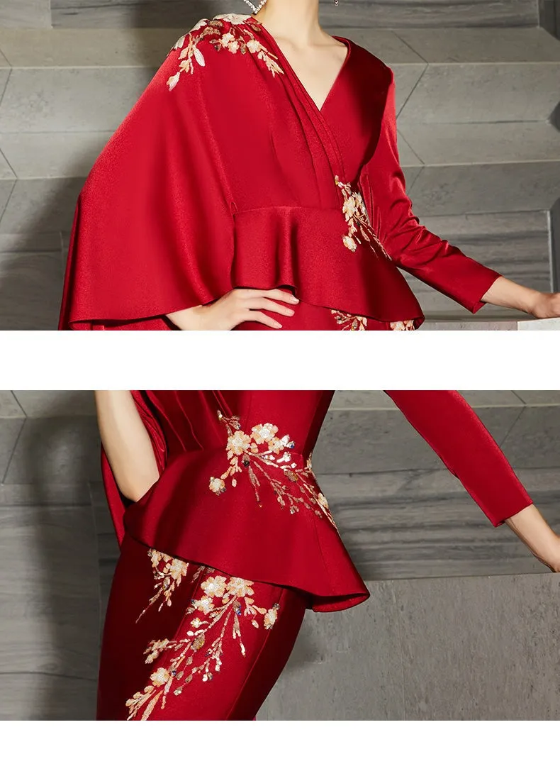 Red  wedding dress high-end evening dress new banquet dress mother skirt fashion high end luxury unique dress- Bila