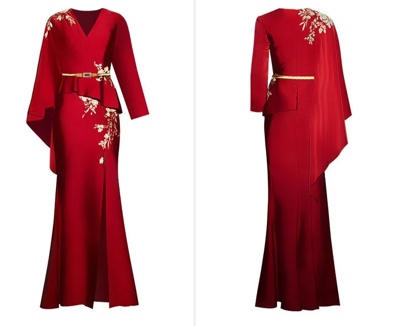 Red  wedding dress high-end evening dress new banquet dress mother skirt fashion high end luxury unique dress- Bila