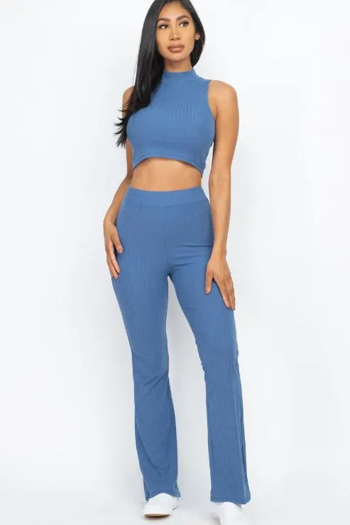 Ribbed Mock Neck Crop Tank Top & Bootcut Pants Set