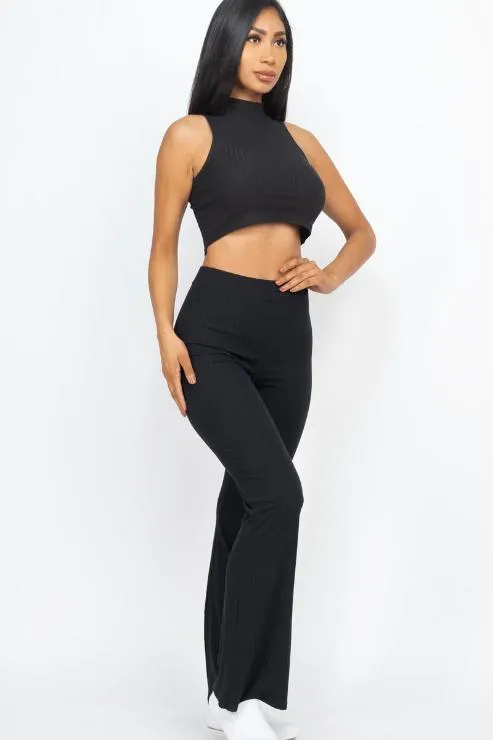 Ribbed Mock Neck Crop Tank Top & Bootcut Pants Set