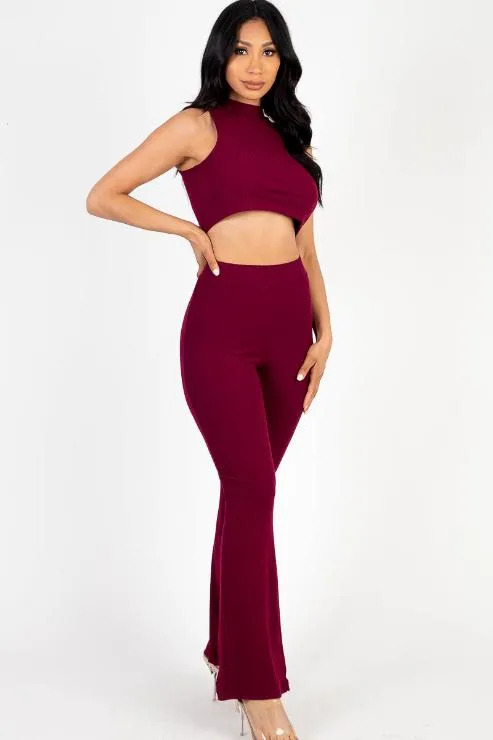 Ribbed Mock Neck Crop Tank Top & Bootcut Pants Set
