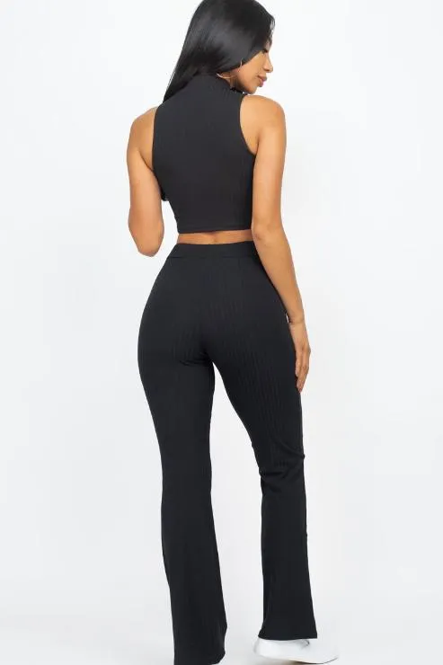 Ribbed Mock Neck Crop Tank Top & Bootcut Pants Set