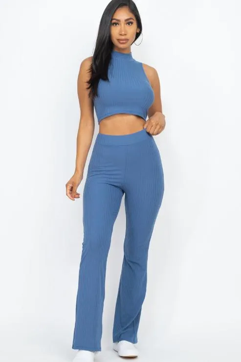 Ribbed Mock Neck Crop Tank Top & Bootcut Pants Set