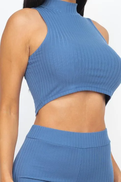 Ribbed Mock Neck Crop Tank Top & Bootcut Pants Set