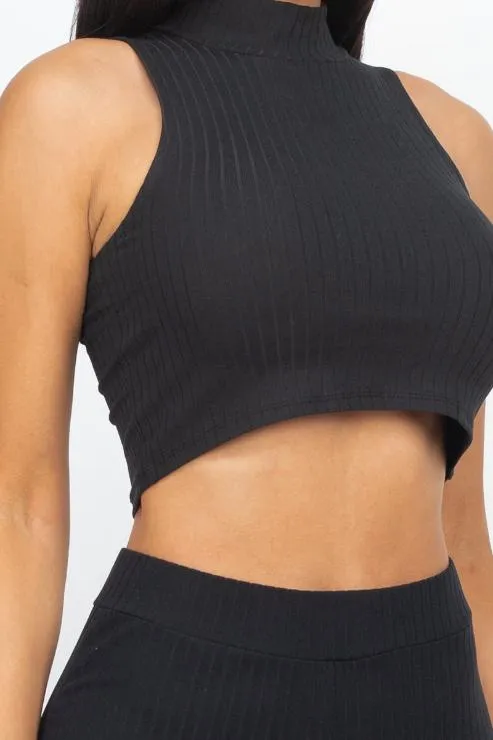 Ribbed Mock Neck Crop Tank Top & Bootcut Pants Set