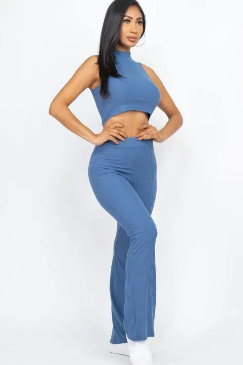 Ribbed Mock Neck Crop Tank Top & Bootcut Pants Set