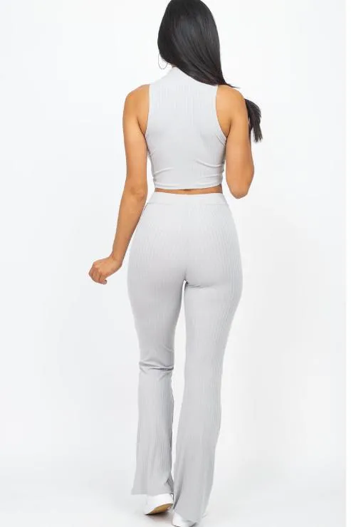 Ribbed Mock Neck Crop Tank Top & Bootcut Pants Set