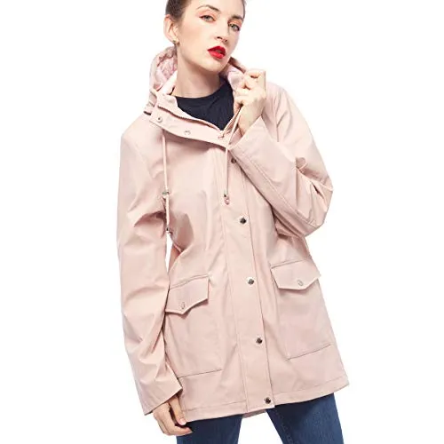 Rokka&Rolla Women's Lightweight Waterproof Hooded Rubberized Rain Jacket Windbreaker Raincoat Parka Anorak (XL, Spanish Pink)