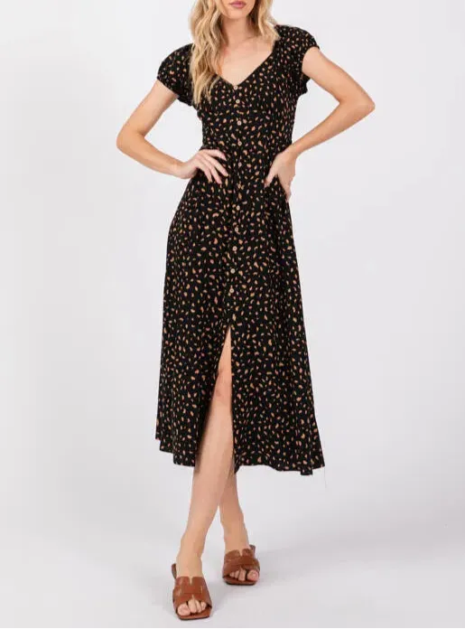 Rosa Button Down Midi Dress with Smock Waistline in Rust/White