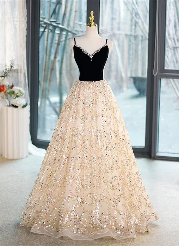 Sequins/Sparkling Light Champagne Beaded V-neckline Ballgown Straps Long Prom Dress